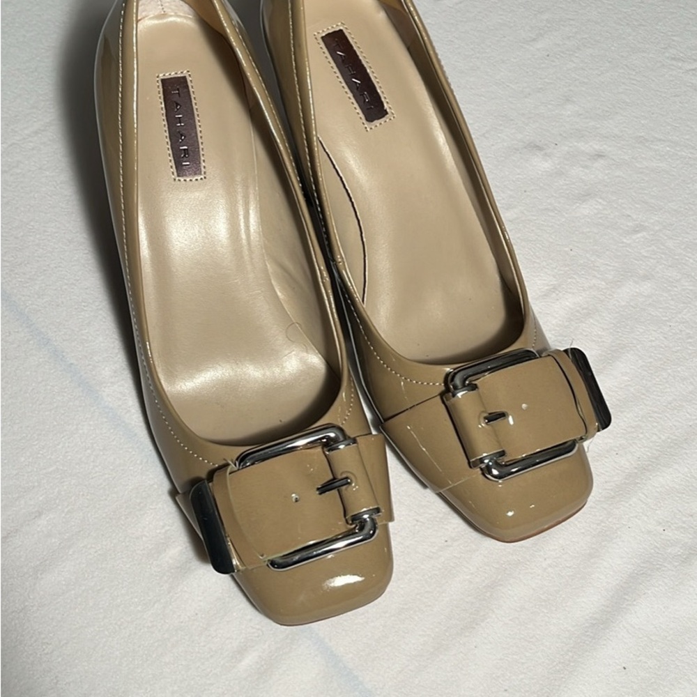 Tahari Tan Buckle Heels